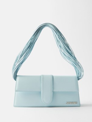 JACQUEMUS Bambino Long Ficiu leather shoulder bag in blue – French bags with multi strap top handle – strappy 90s shape handbag – luxury handbags
