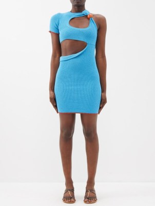 JACQUEMUS Brilho one-shoulder cutout lurex-knit mini dress in blue – one sleeve cut out bodycon – women’s French designer fashion – womens edgy style dresses – contemporary clothing – clothes with metallic thread