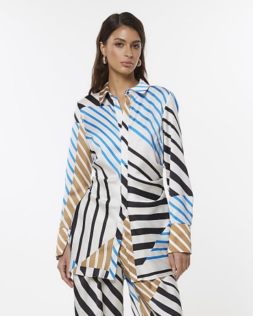 RIVER ISLAND BLUE RI STUDIO SATIN STRIPE COLLARED SHIRT – women’s longline multi striped shirts – mixed stripes - flipped