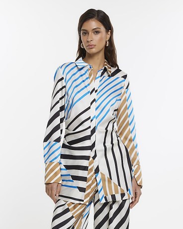 RIVER ISLAND BLUE RI STUDIO SATIN STRIPE COLLARED SHIRT – women’s longline multi striped shirts – mixed stripes