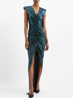 BALMAIN Side-slit ruched metallic-jersey gown in blue ~ iridescent gowns ~ luxury maxi dresses ~ women’s glamorous evening event clothing - flipped