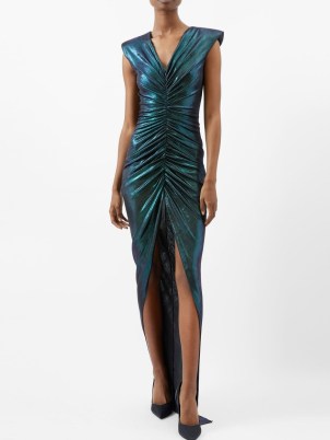 BALMAIN Side-slit ruched metallic-jersey gown in blue ~ iridescent gowns ~ luxury maxi dresses ~ women’s glamorous evening event clothing