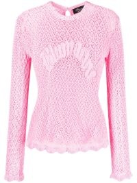 Blumarine logo-detail open-knit top in bubblegum pink ~ women’s sheer knitted tops ~ luxury fashion ~ womens designer clothes