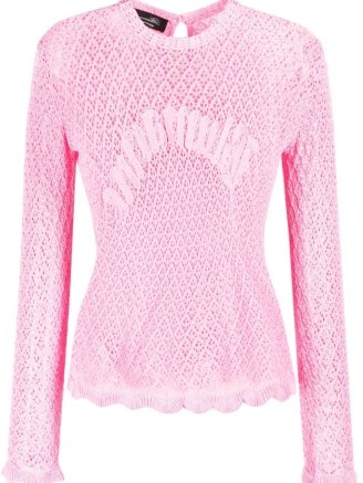 Blumarine logo-detail open-knit top in bubblegum pink ~ women’s sheer knitted tops ~ luxury fashion ~ womens designer clothes - flipped