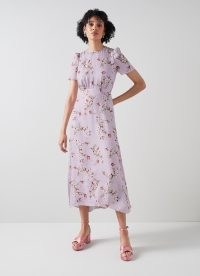 Boyd Lilac and Red Cherry Blossom Print Silk Jacquard Dress / silky floral dresses / women’s luxury spring and summer occasion clothes / floaty dipped hem / vintage style clothing
