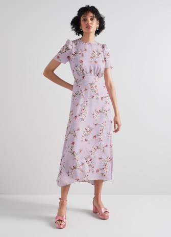 Boyd Lilac and Red Cherry Blossom Print Silk Jacquard Dress / silky floral dresses / women’s luxury spring and summer occasion clothes / floaty dipped hem / vintage style clothing - flipped