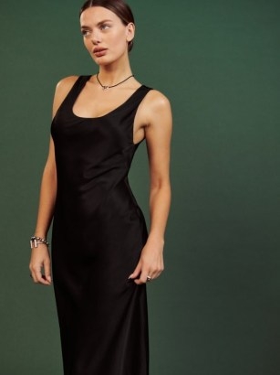 Reformation Brendan Satin Dress in Black / silky tank style midi dresses / women’s luxury clothes / sleeveless with scoop neck / luxe fluid fabric fashion - flipped