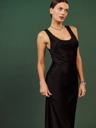 Reformation Brendan Satin Dress in Black / silky tank style midi dresses / women’s luxury clothes / sleeveless with scoop neck / luxe fluid fabric fashion