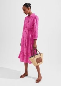 HOBBS BRIELLA BRODERIE DRESS in DEEP FUCHSIA – women’s pink collared tie waist shirt dresses – womens cut out embroidered detail clothes – feminine cotton day clothing