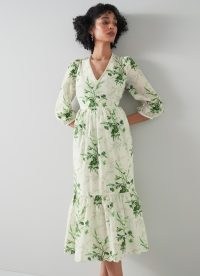 L.K. BENNETT Bronte White and Green Meadow Scene Print Silk-Cotton Dress / feminine floral tiered hem dresses