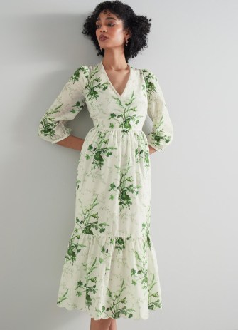 L.K. BENNETT Bronte White and Green Meadow Scene Print Silk-Cotton Dress / feminine floral tiered hem dresses - flipped