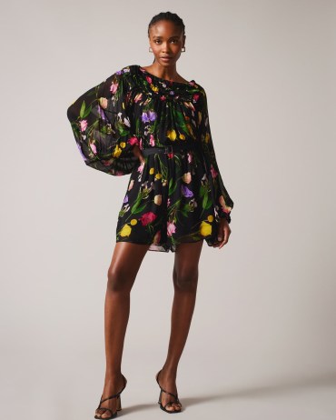 TED BAKER Brookii Ruffle Playsuit with Blouson Sleeves in Black / womens semi sheer floral playsuits / women’s floaty balloon sleeve all-in-one / feminine party fashion / women’s evening clothes - flipped
