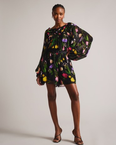 TED BAKER Brookii Ruffle Playsuit with Blouson Sleeves in Black / womens semi sheer floral playsuits / women’s floaty balloon sleeve all-in-one / feminine party fashion / women’s evening clothes