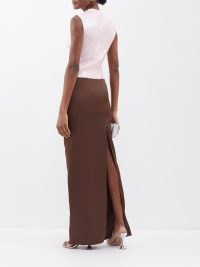 16ARLINGTON Olwyn back-slit satin maxi skirt in brown / women’s luxury long length evening skirts / womens silky occasion clothes / fluid fabric clothing
