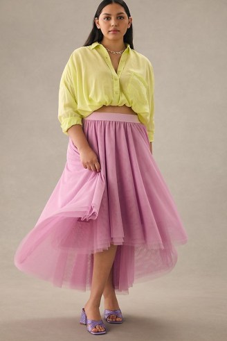 By Anthropologie Tulle Appliqué Skirt in Lavender – semi sheer dip hem skirts