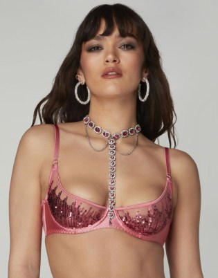 Agent Provocateur Calista Plunge Underwired Bra Pink/Silver – sequinned demi bras with detachable chain necklace – luxury lingerie with pink crystal jewellery attached – womens luxe satin underwear - flipped