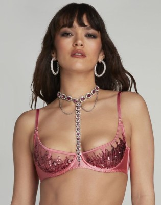 Agent Provocateur Calista Plunge Underwired Bra Pink/Silver – sequinned demi bras with detachable chain necklace – luxury lingerie with pink crystal jewellery attached – womens luxe satin underwear