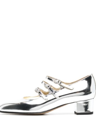 Carel Paris Kina Mary Jane pumps in silver tone – metallic leather triple strap Mary Janes – womens luxury vintage style shoes – lixe footwear - flipped