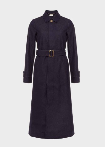 HOBBS CARRIE DENIM TRENCH in Indigo – women’s dark blue velted longline coats – womens modern classic clothing - flipped