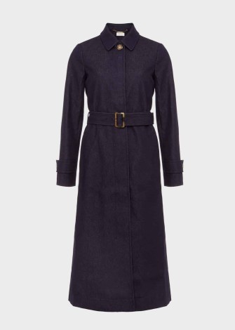 HOBBS CARRIE DENIM TRENCH in Indigo – women’s dark blue velted longline coats – womens modern classic clothing