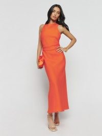 Reformation Casette Linen Dress in Flame / tonal orange clothes / sleeveless side ruched midi dresses