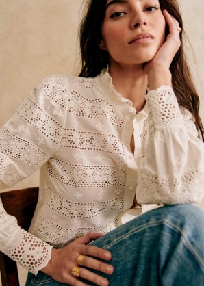 Sézane CASSY SHIRT in White ~ women’s floral embroidered shirts ~ vintage style clothes ~ feminine fashion ~ womens organic cotton clothing GOTS certified ~ high ruffled collar ~ boho inspired button front blouse - flipped