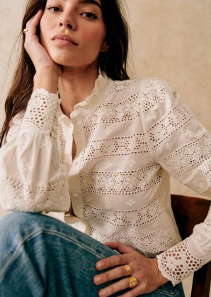 Sézane CASSY SHIRT in White ~ women’s floral embroidered shirts ~ vintage style clothes ~ feminine fashion ~ womens organic cotton clothing GOTS certified ~ high ruffled collar ~ boho inspired button front blouse