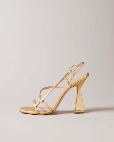 TED BAKER Cayena Strappy Geometric Heeled Sandals in Gold / metallic square toe party shoes / women’s occasion footwear / flared heels - flipped