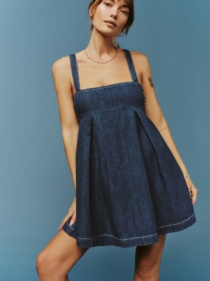 Reformation Cecil Denim Mini Dress in Ellis | sleeveless fit and flare desses | women’s luxury fashion | womens babydoll style clothes with shoulder straps | pleated flared hem | fitted bust