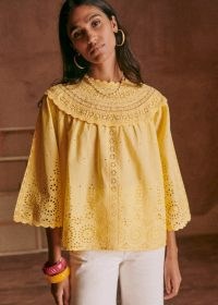 Sézane CELESTIA BLOUSE in Pastel yellow ~ organic cotton boho blouses ~ women’s embroidered bohemian tops ~ cut out detail clothing ~ feminine clothes ~ womens spring and summer fashion