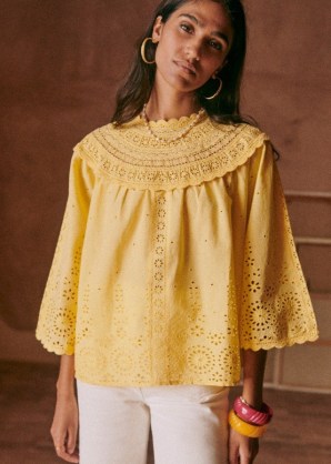 Sézane CELESTIA BLOUSE in Pastel yellow ~ organic cotton boho blouses ~ women’s embroidered bohemian tops ~ cut out detail clothing ~ feminine clothes ~ womens spring and summer fashion - flipped
