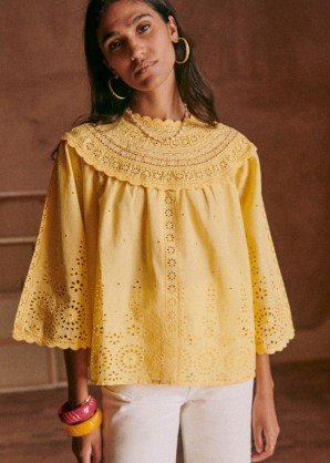 Sézane CELESTIA BLOUSE in Pastel yellow ~ organic cotton boho blouses ~ women’s embroidered bohemian tops ~ cut out detail clothing ~ feminine clothes ~ womens spring and summer fashion