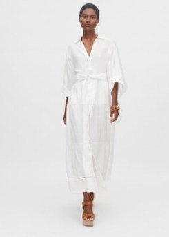 ME and EM Cheesecloth Button Front Maxi Shirt Dress + Belt in Soft White ~ chic cotton collared dresses - flipped
