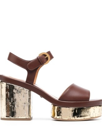 Chloé Odina 100mm leather sandals in chocolate brown/gold-tone – luxe metallic platforms – brown and gold platform shoes – women’s luxury footwear – designer block heel sandal – chunky retro style heels - flipped
