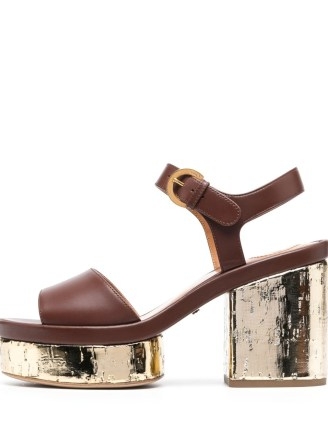 Chloé Odina 100mm leather sandals in chocolate brown/gold-tone – luxe metallic platforms – brown and gold platform shoes – women’s luxury footwear – designer block heel sandal – chunky retro style heels
