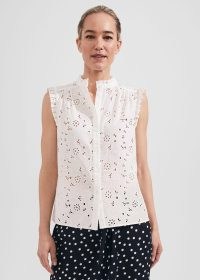 HOBBS CLEMENTINE TOP in WHITE – women’s sleeveless broiderie style tops – womens BCI cotton summer clothes – cut out embroidered blouses – floral fashion – feminine frill detail clothing