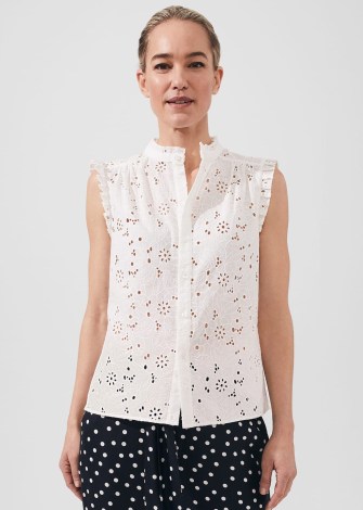 HOBBS CLEMENTINE TOP in WHITE – women’s sleeveless broiderie style tops – womens BCI cotton summer clothes – cut out embroidered blouses – floral fashion – feminine frill detail clothing - flipped