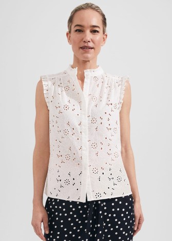 HOBBS CLEMENTINE TOP in WHITE – women’s sleeveless broiderie style tops – womens BCI cotton summer clothes – cut out embroidered blouses – floral fashion – feminine frill detail clothing