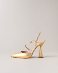 TED BAKER Coriana Geometric Heel Pointed Court Shoes in Gold / women’s metallic courts