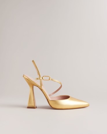 TED BAKER Coriana Geometric Heel Pointed Court Shoes in Gold / women’s metallic courts - flipped