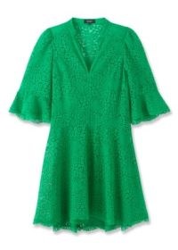 ME and EM Cotton Lace Short Swing Dress + Slip in Clover Leaf – women’s green semi sheer floral dresses – short fluted sleeves – flared sleeves – women’s luxury clothing – feminine fashion