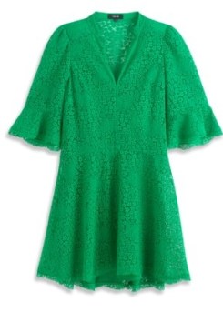 ME and EM Cotton Lace Short Swing Dress + Slip in Clover Leaf – women’s green semi sheer floral dresses – short fluted sleeves – flared sleeves – women’s luxury clothing – feminine fashion - flipped