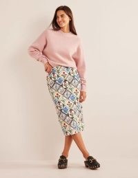 Boden Cotton Textured Pencil Skirt in Ivory, Wild Bluebell | floral midi skirts