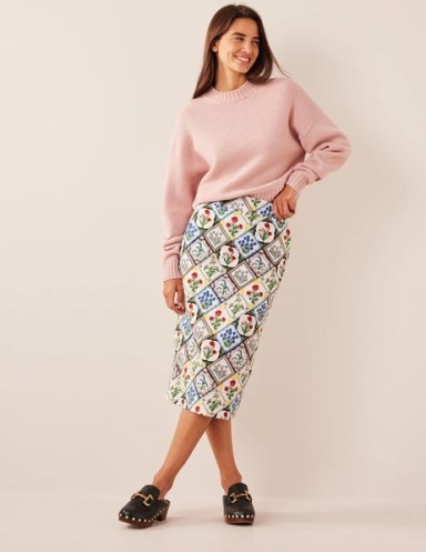 Boden Cotton Textured Pencil Skirt in Ivory, Wild Bluebell | floral midi skirts - flipped