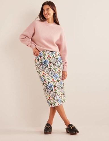 Boden Cotton Textured Pencil Skirt in Ivory, Wild Bluebell | floral midi skirts