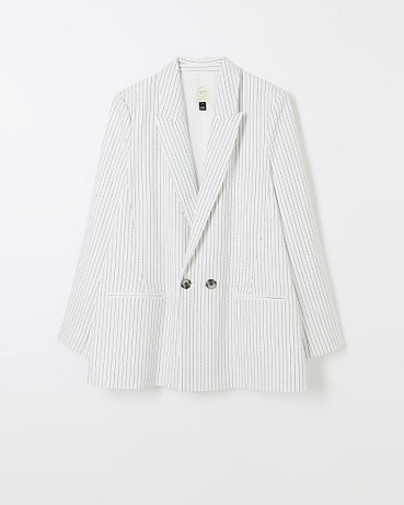 RIVER ISLAND CREAM PINSTRIPE RELAXED DAD BLAZER – women’s striped easy fit blazers – womens light coloured jackets - flipped