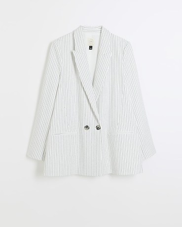 RIVER ISLAND CREAM PINSTRIPE RELAXED DAD BLAZER – women’s striped easy fit blazers – womens light coloured jackets