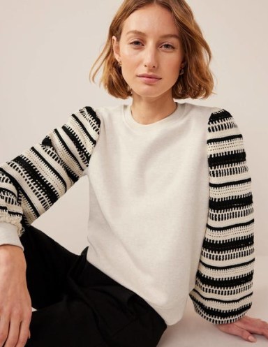 Crochet Sweatshirt in Oatmeal Marl, Crochet Sleeve | women’s long knitted sleeved sweatshirts - flipped