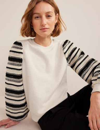 Crochet Sweatshirt in Oatmeal Marl, Crochet Sleeve | women’s long knitted sleeved sweatshirts