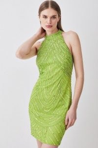 KAREN MILLEN Crystal Embellished Halter Neck Woven Mini Dress in Lime – women’s citrus green party dresses – womens halterneck occasion clothes – glamorous evening fashion – open back detail – sequin and bead covered